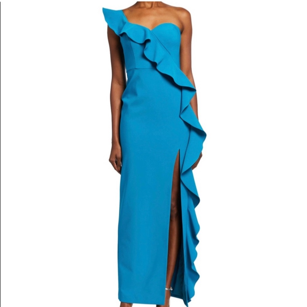 Aidan mattox one shoulder cascading flounce crepe column dress